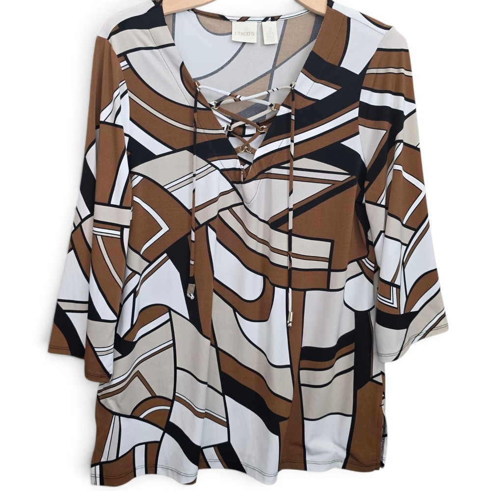 Chicos Womens Top Size 2 Large 12 Abstract Geometric Lace Up Neck Tunic Blouse